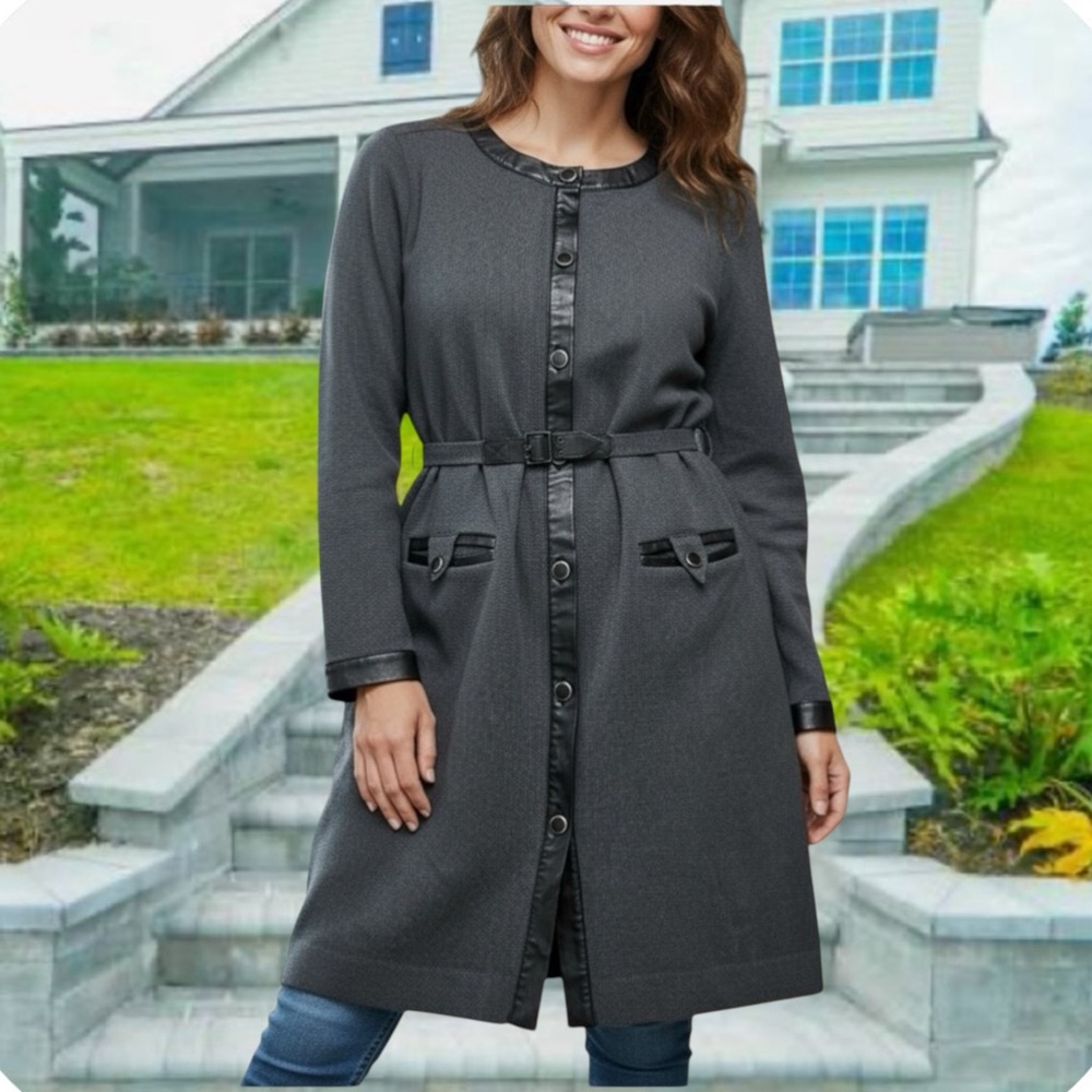 NWOT Cullen L grey W/ black faux leather trim merino wool & cotton sweater coat